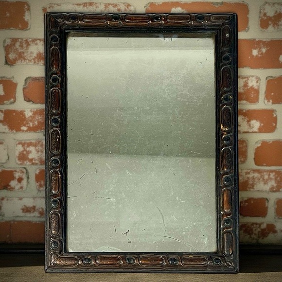 Antique Hand Carved Wood Framed Mirror Free Standing 7" x 10" Rustic Folk Art - Picture 2 of 12